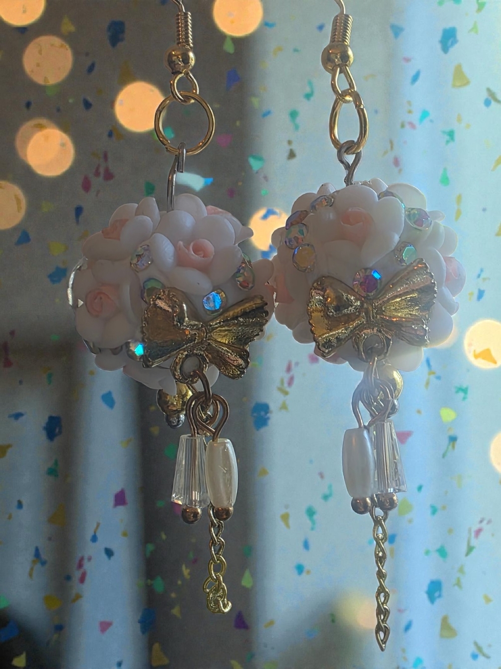 Handmade Coquette Floral Dangle Earrings Gold Tone Bow Crystal Charm